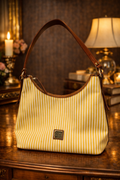 (SOLD) Dooney & Bourke Yellow & White Striped Canvas Shoulder Bag | Leather Trim Summer Tote Purse
