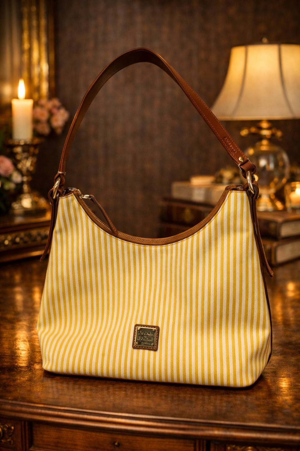 (SOLD) Dooney & Bourke Yellow & White Striped Canvas Shoulder Bag | Leather Trim Summer Tote Purse