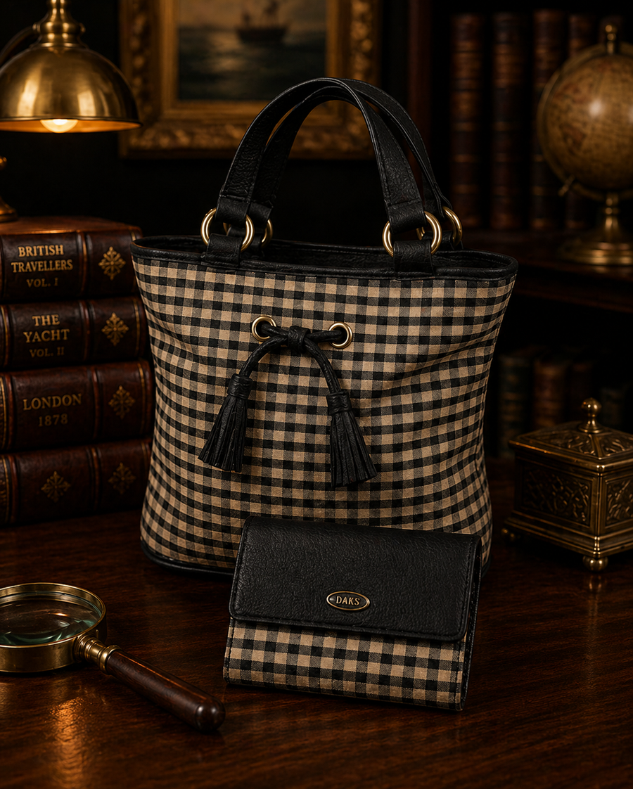 Longaberger black and brown check mini bucket purse with matching wallet