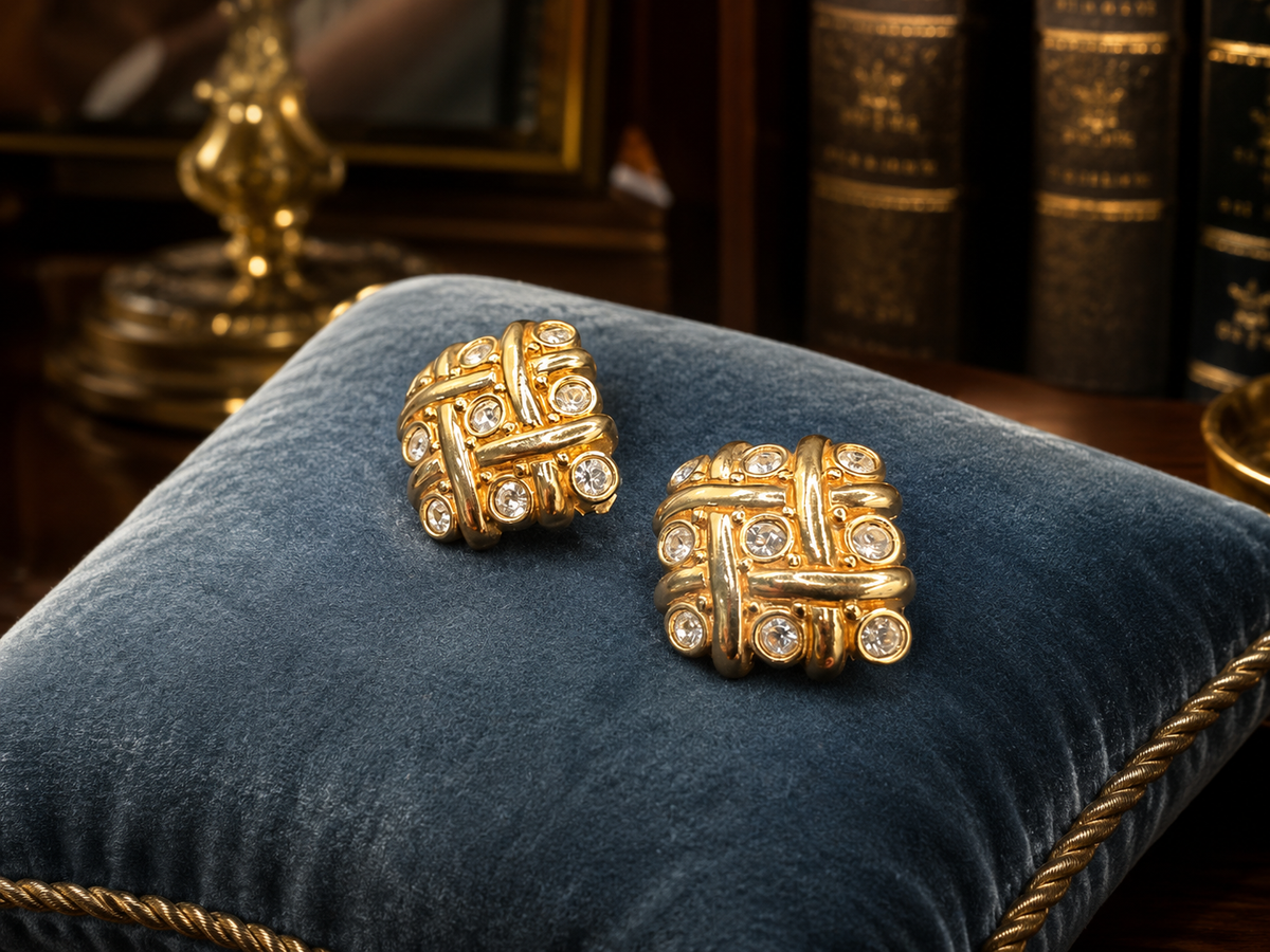 Signed Swarovski gold-tone basketweave clip earrings with clear crystal accents, view 7