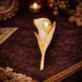 Swarovski Gold Tone Calla Lily Brooch Pave Crystal Flower Pin Faux Pearl Center Signed