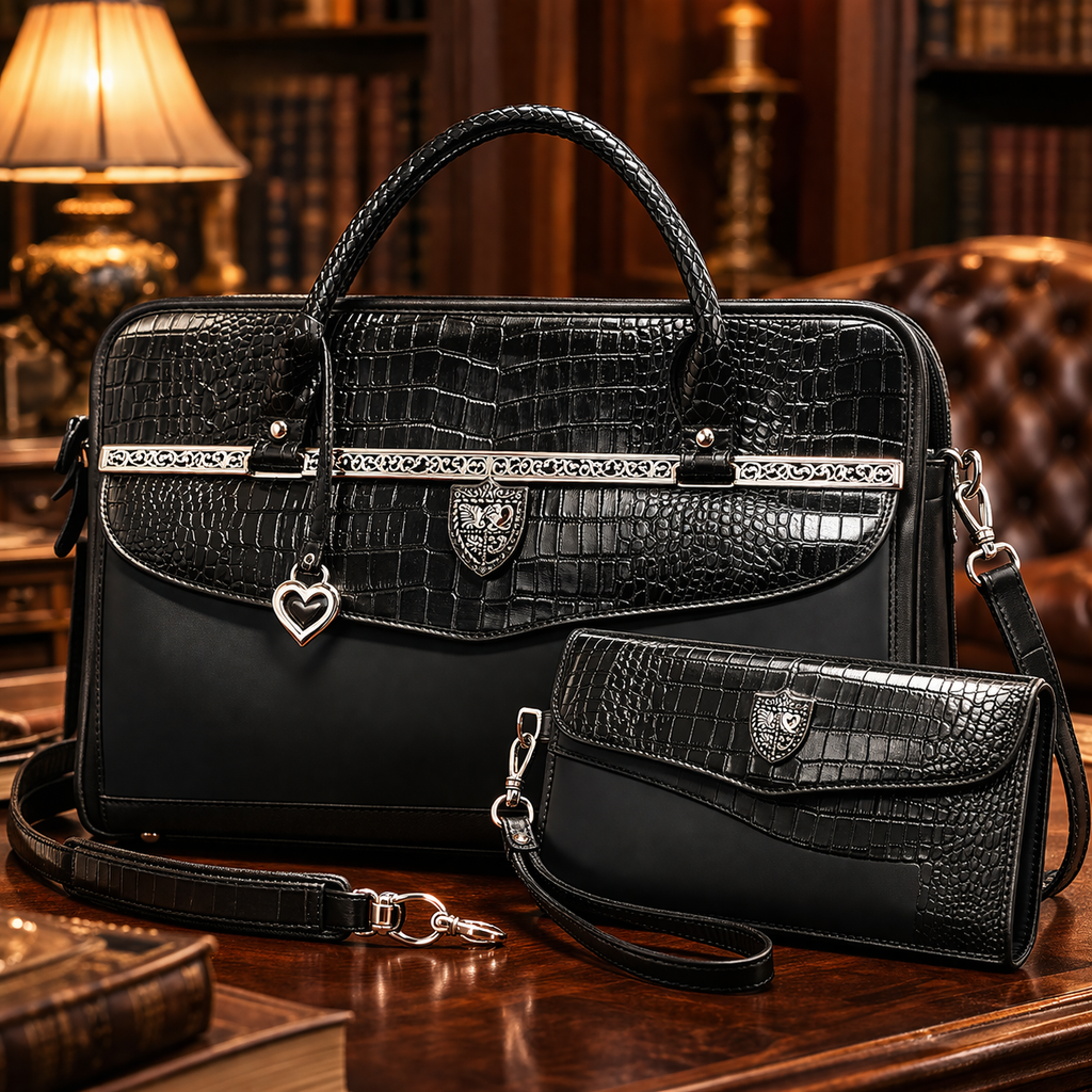 Brighton Black Croc Embossed Leather Briefcase Laptop Bag & Organizer Crossbody Set