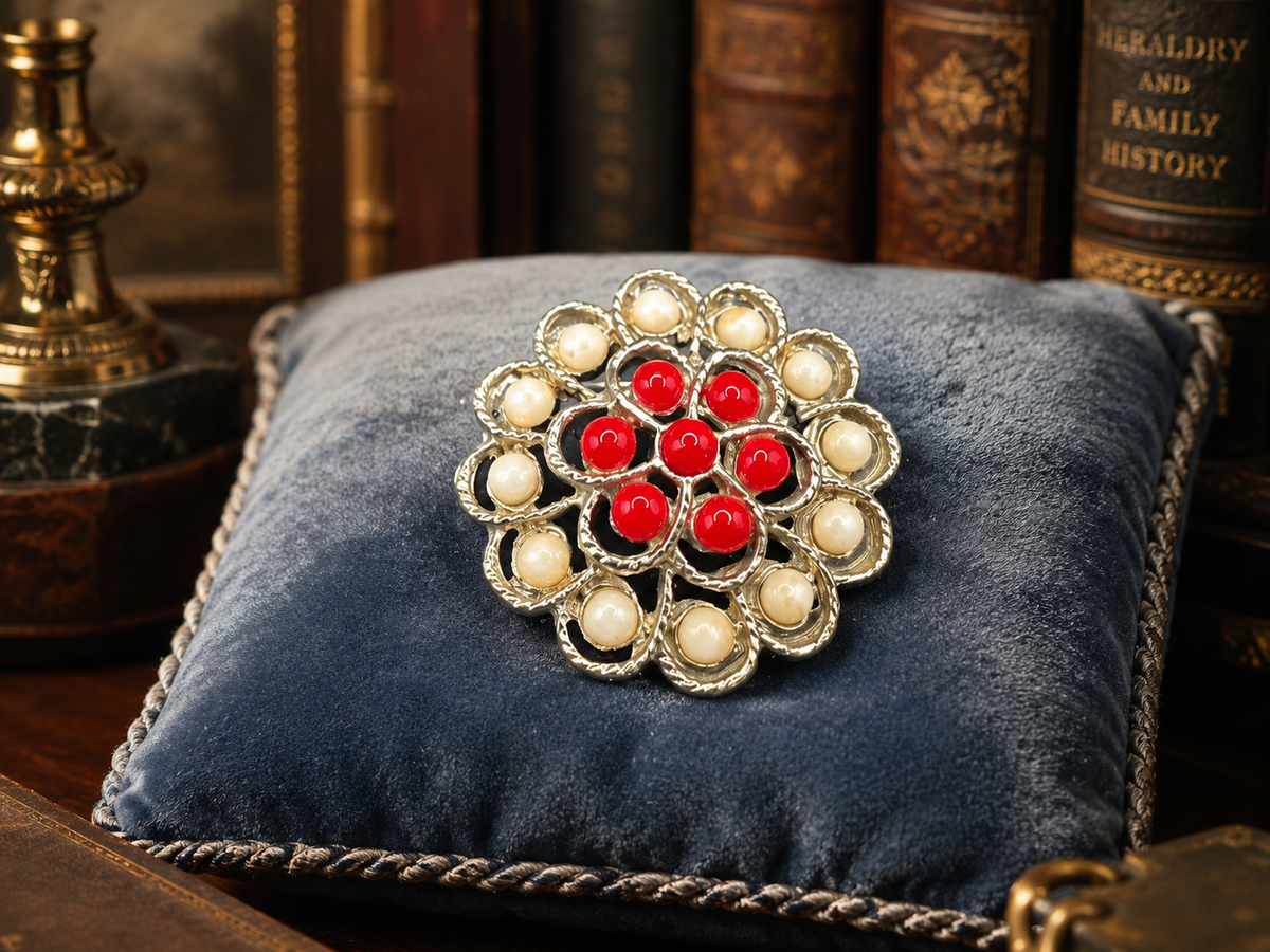 Silver-tone flower brooch with red and cream bead petals, view 5