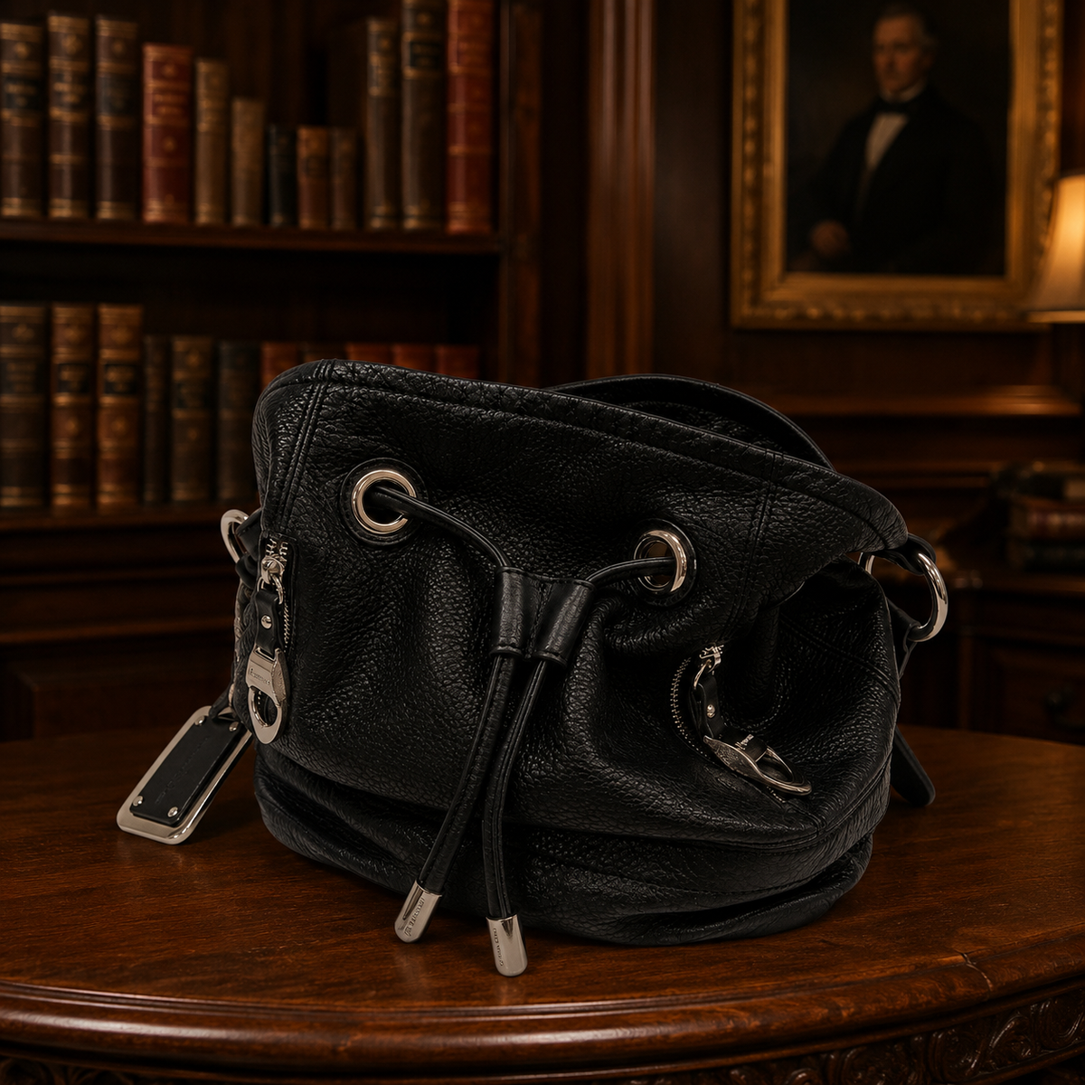 B. Makowsky black leather drawstring bucket purse with silver-tone hardware and leopard lining