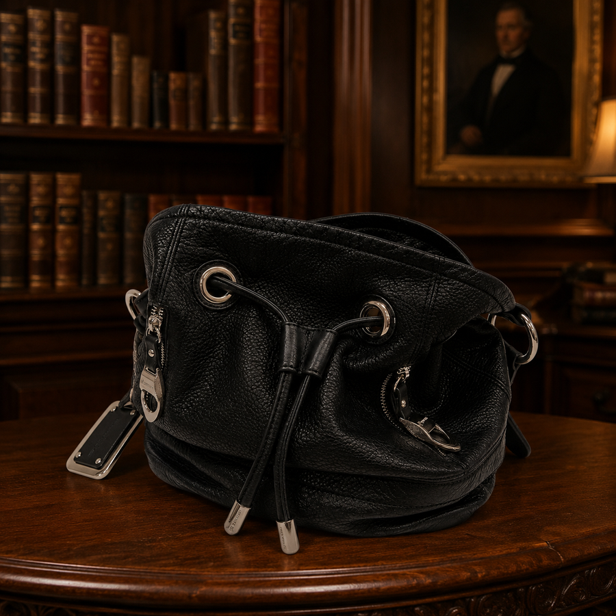 B. Makowsky black leather drawstring bucket purse with silver-tone hardware and leopard lining