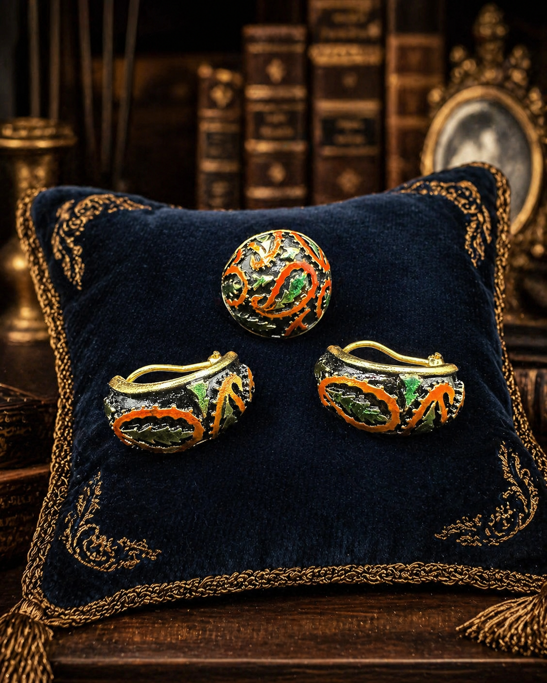 Gold Tone Black Orange and Green Jewelry Set
