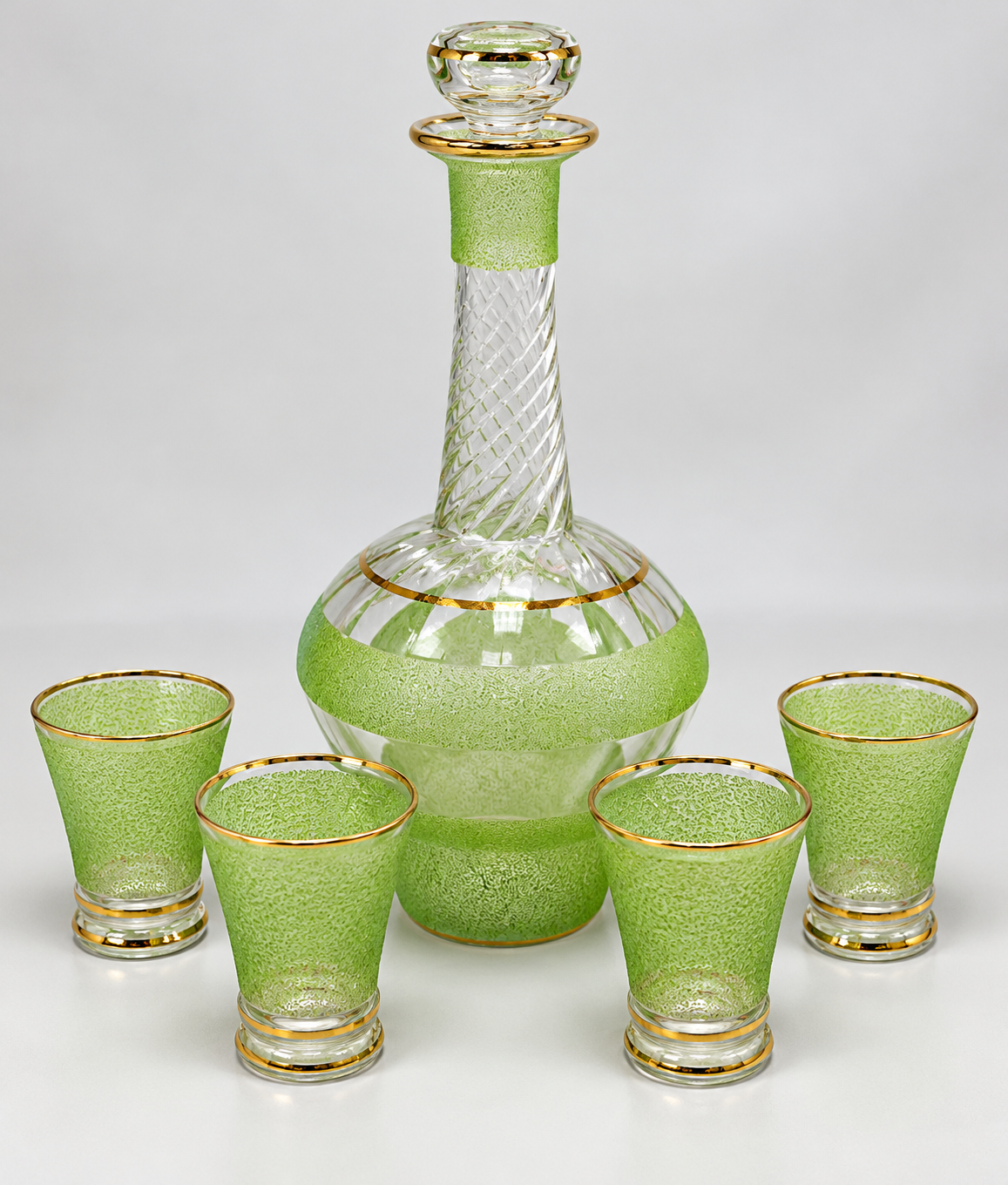 Green frosted glass decanter with spiral neck, gold trim and four small glasses, view 2