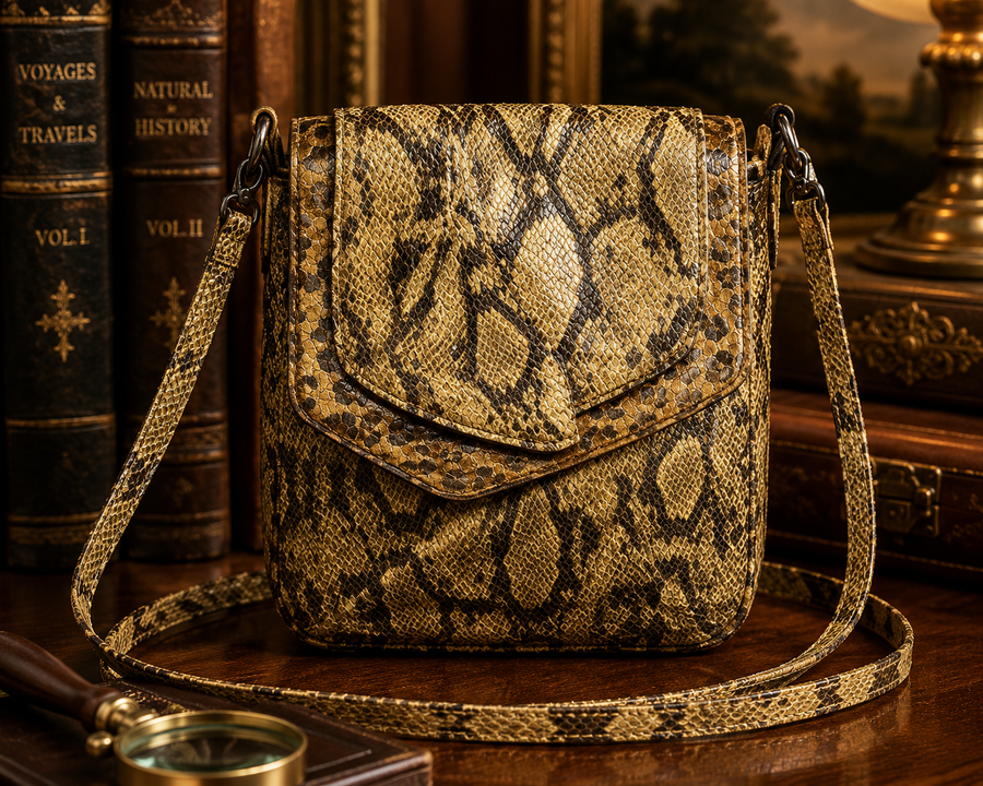 Gold and black snakeskin print flap-front crossbody bag with slim strap