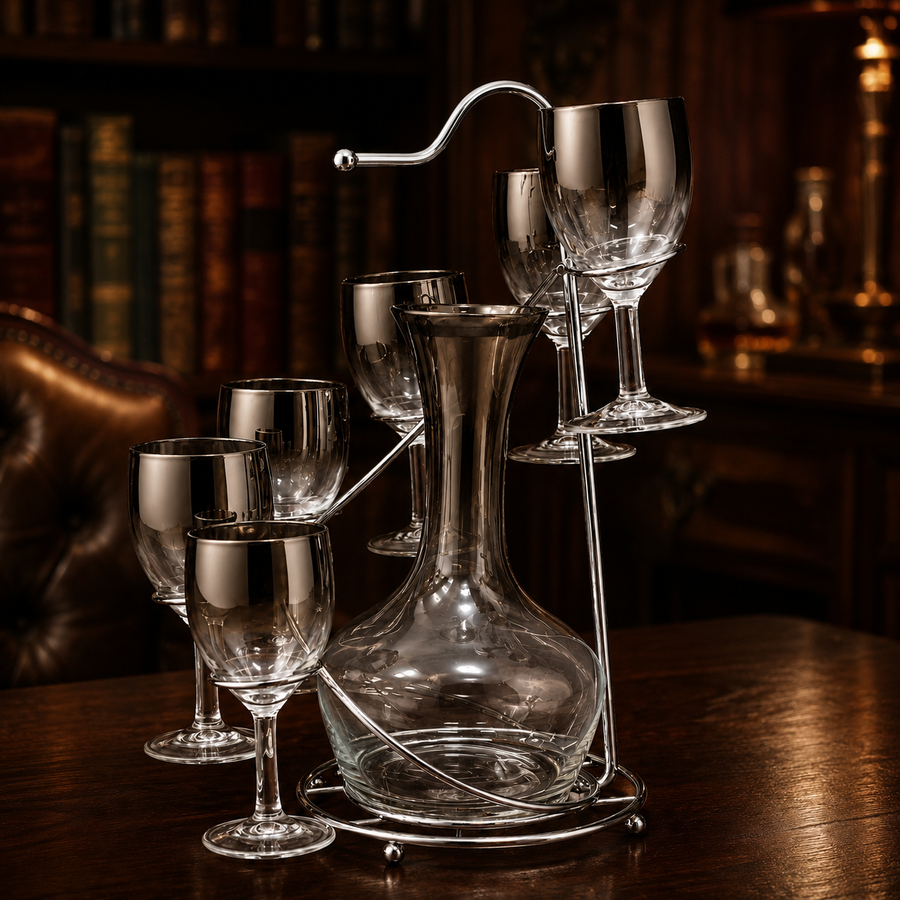 Mid-century silver fade decanter and stemmed glasses in chrome caddy