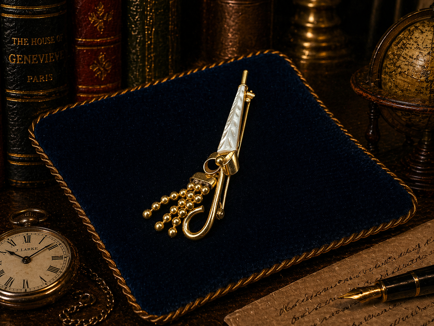 Gold tone umbrella brooch with white carved look panel and bead tassel detail