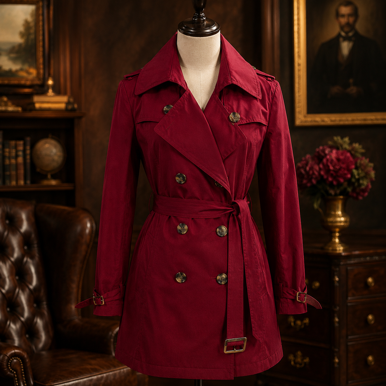 London Fog Dark Red Double-Breasted Trench Coat Size L | Belted Raincoat