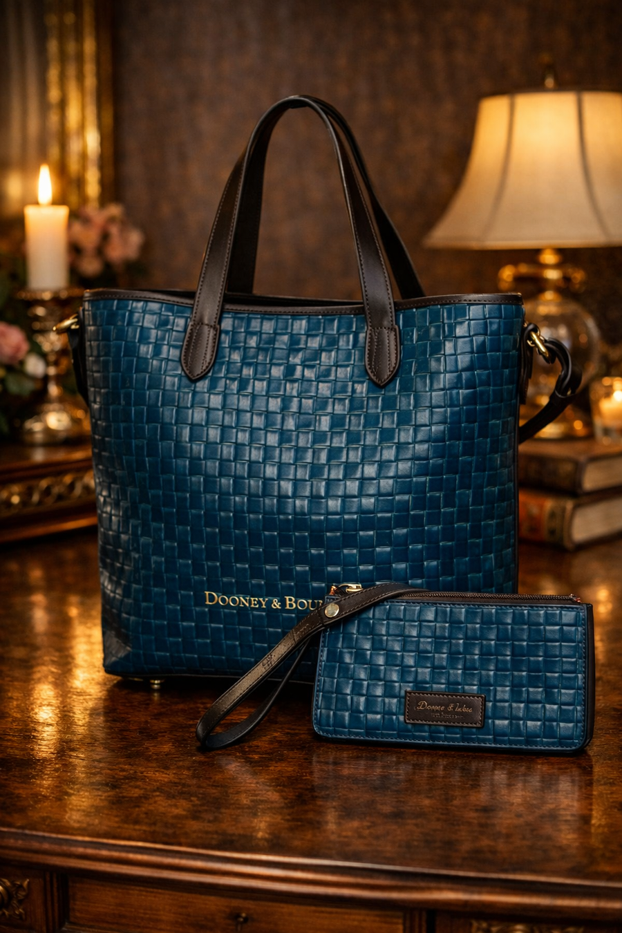 Dooney and Bourke Lilliana teal woven leather tote with matching wristlet