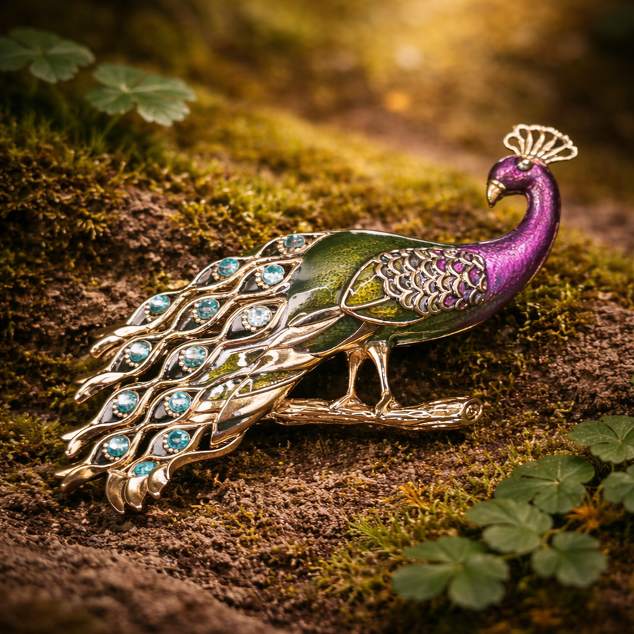 Gold-tone peacock brooch with green and purple enamel and blue rhinestone openwork tail
