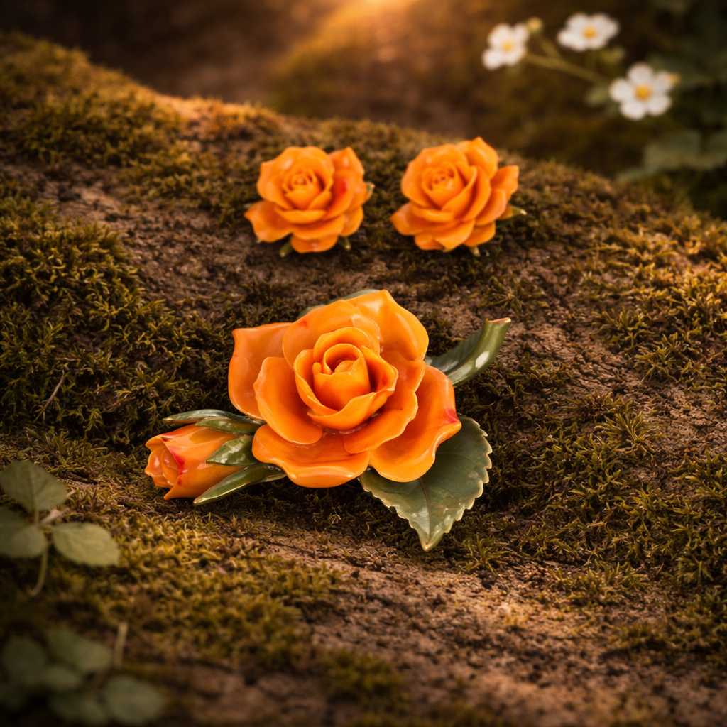 Gold-tone orange rose brooch with green leaves and matching rose clip-on earrings