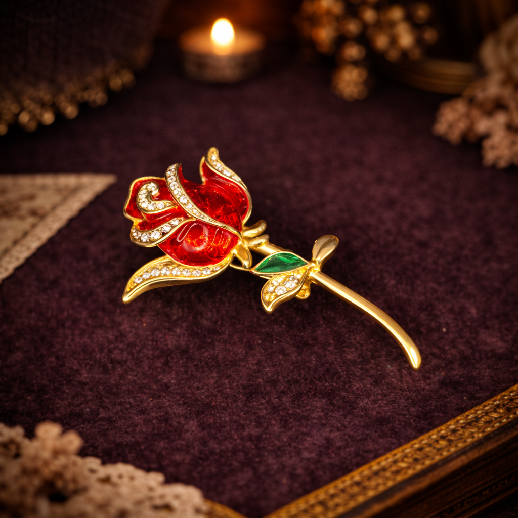 Angel Signed Red Enamel Rose Brooch | Gold Tone Floral Pin with Rhinestone Accent
