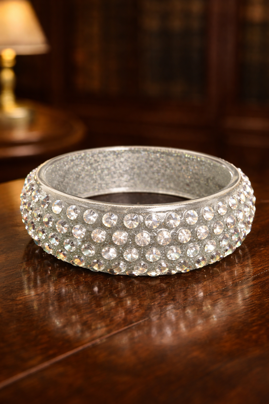 Chunky Glitter Resin Bangle Rhinestone Wide Bracelet Silver Tone Sparkle Statement