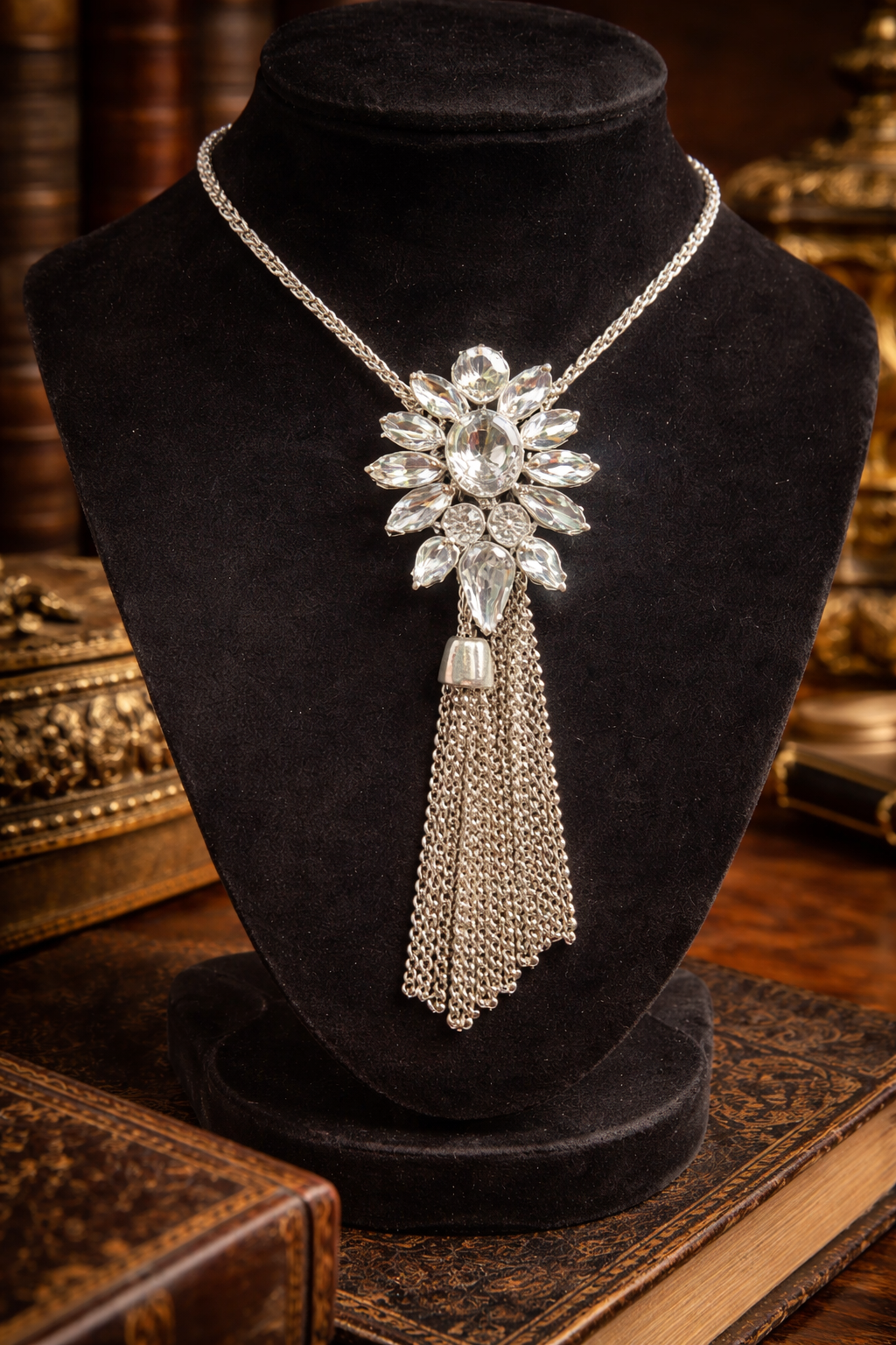 Silver Tone Crystal Statement Necklace Floral Cluster Tassel Drop Vintage Style Rhinestone Pendant Necklace