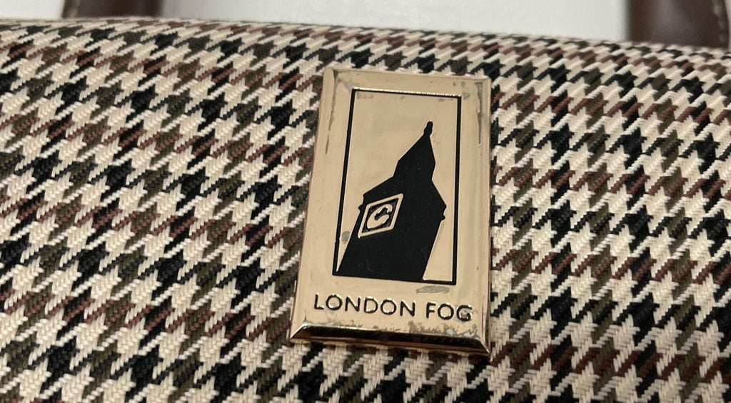London Fog Houndstooth Barrel Satchel Bag | Brown Trim Shoulder Duffel Handbag
