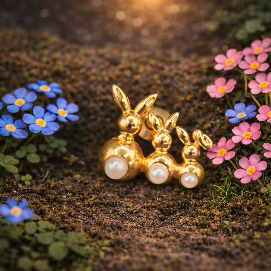 Signed Avon gold-tone bunny family brooch with three rabbits and faux pearls