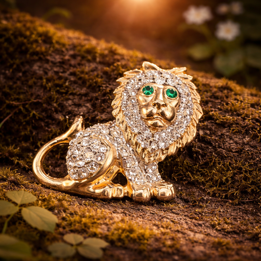 Gold-tone seated lion brooch with clear rhinestones and green eyes