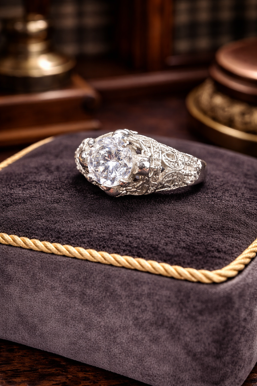 Silver Tone Clear Crystal Filigree Statement Ring Design