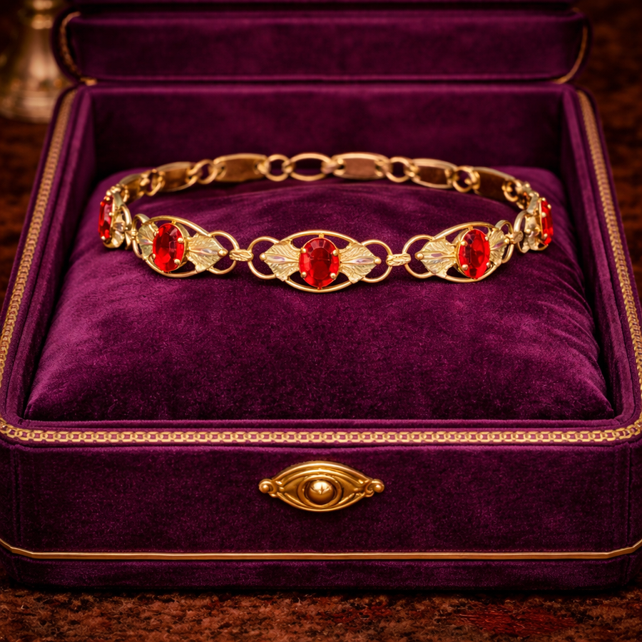 Gold vermeil link bracelet with red oval rhinestones and leaf link stations