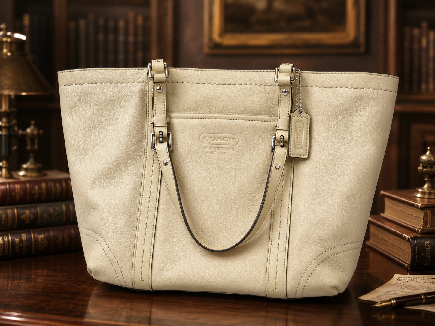 Coach Cream Pebbled Leather East West Tote Shoulder Bag Beige Classic Everyday Carry