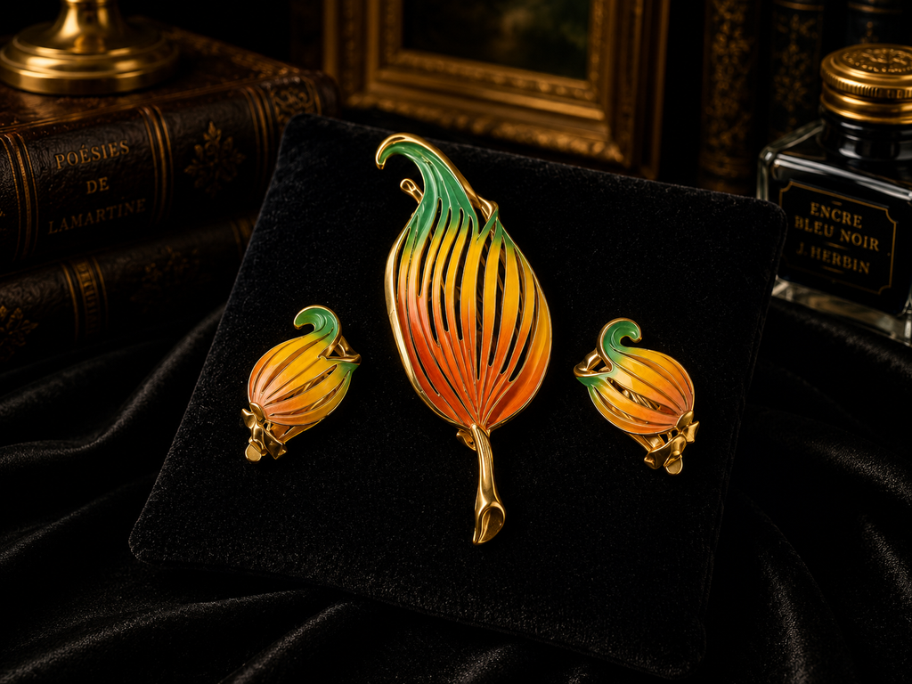 Vintage Gold Tone Tulip Brooch and Clip Earring Set | Enamel Floral Jewelry Set