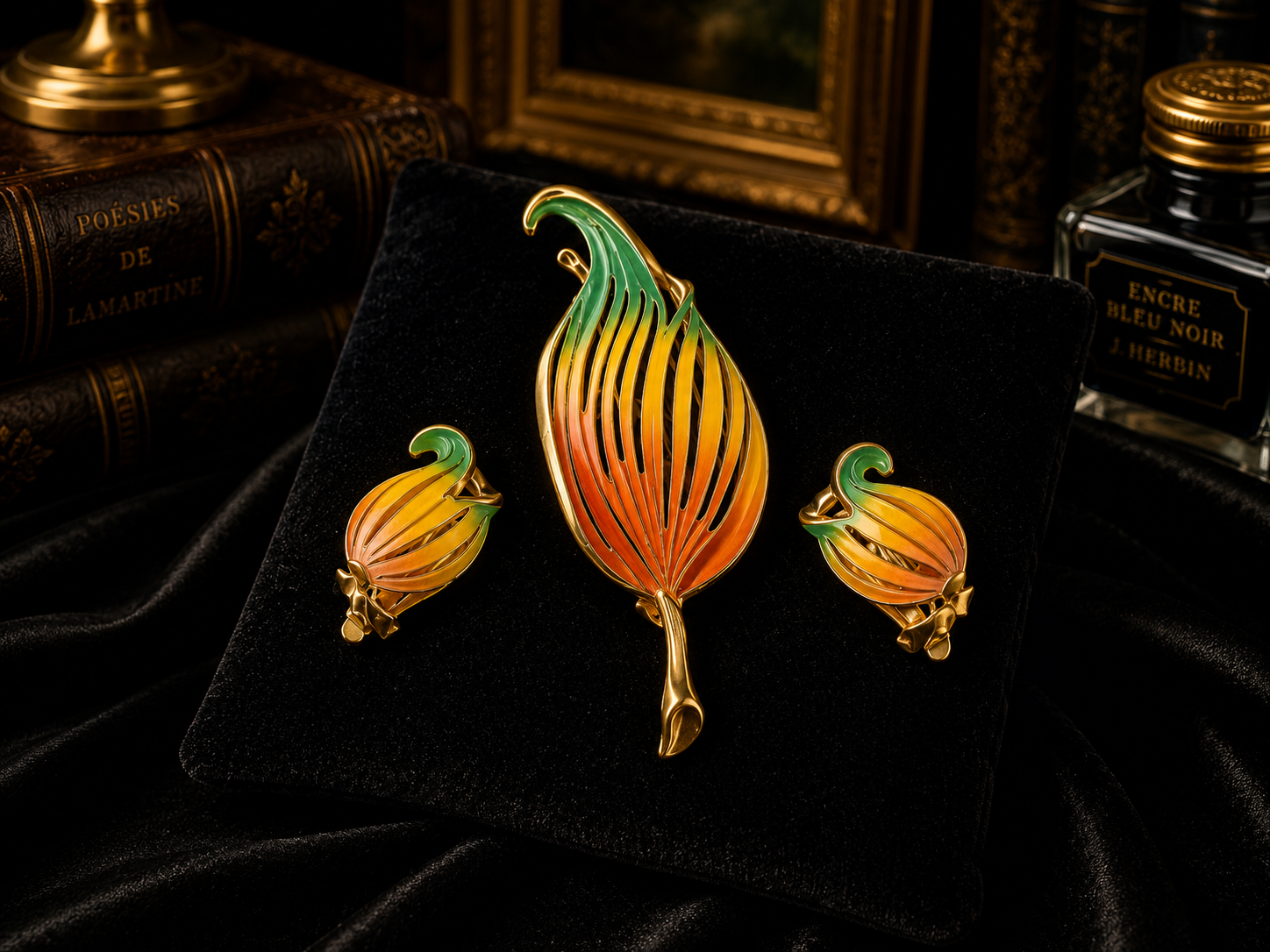 Vintage Gold Tone Tulip Brooch and Clip Earring Set | Enamel Floral Jewelry Set