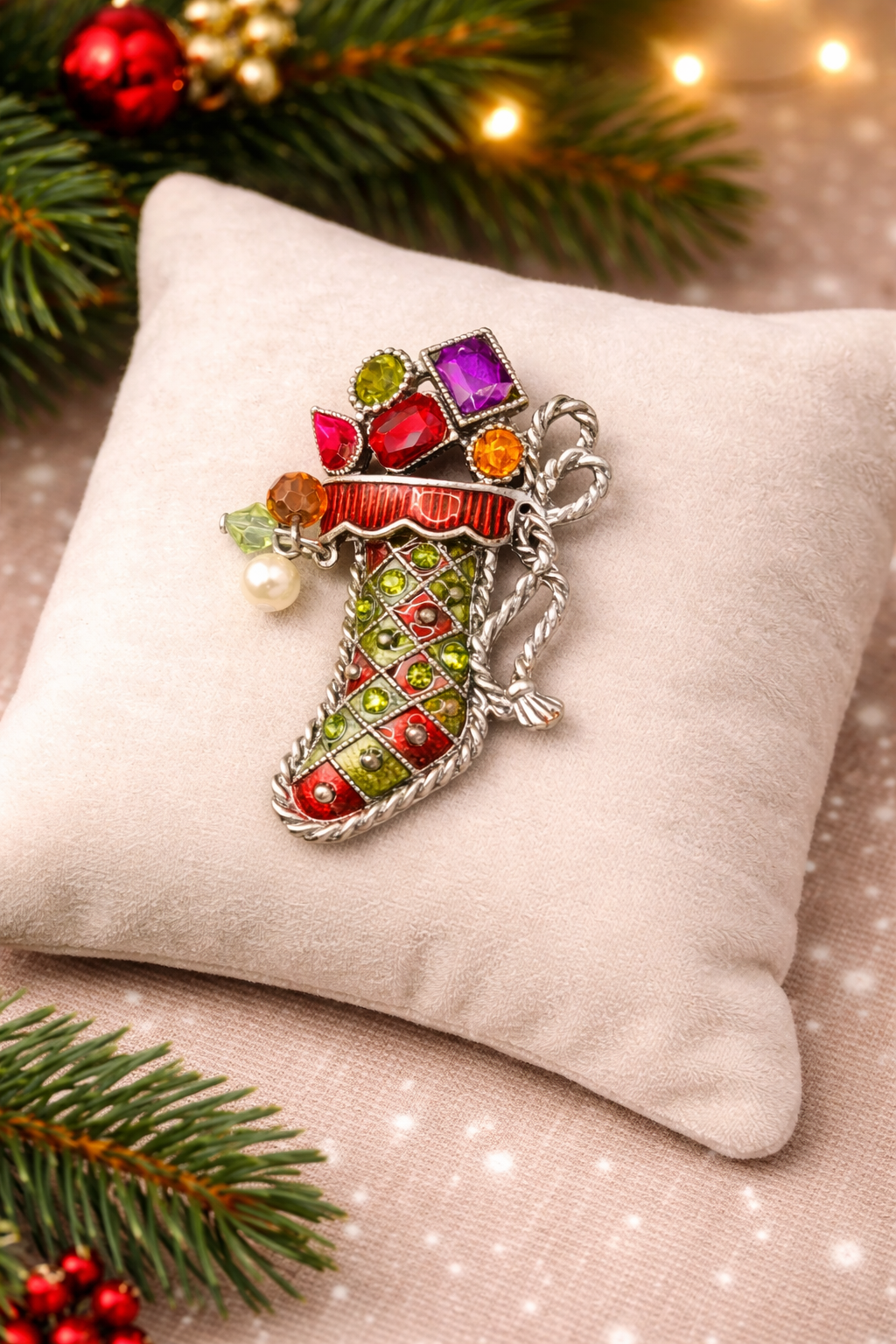 Silver-tone Christmas stocking brooch with red and green stone lattice and multicolor rhinestone gifts