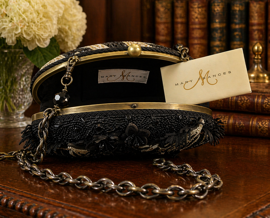 Mary Frances Zebra Beaded Clutch with Chain Strap | Retired Black White Statement Evening Bag