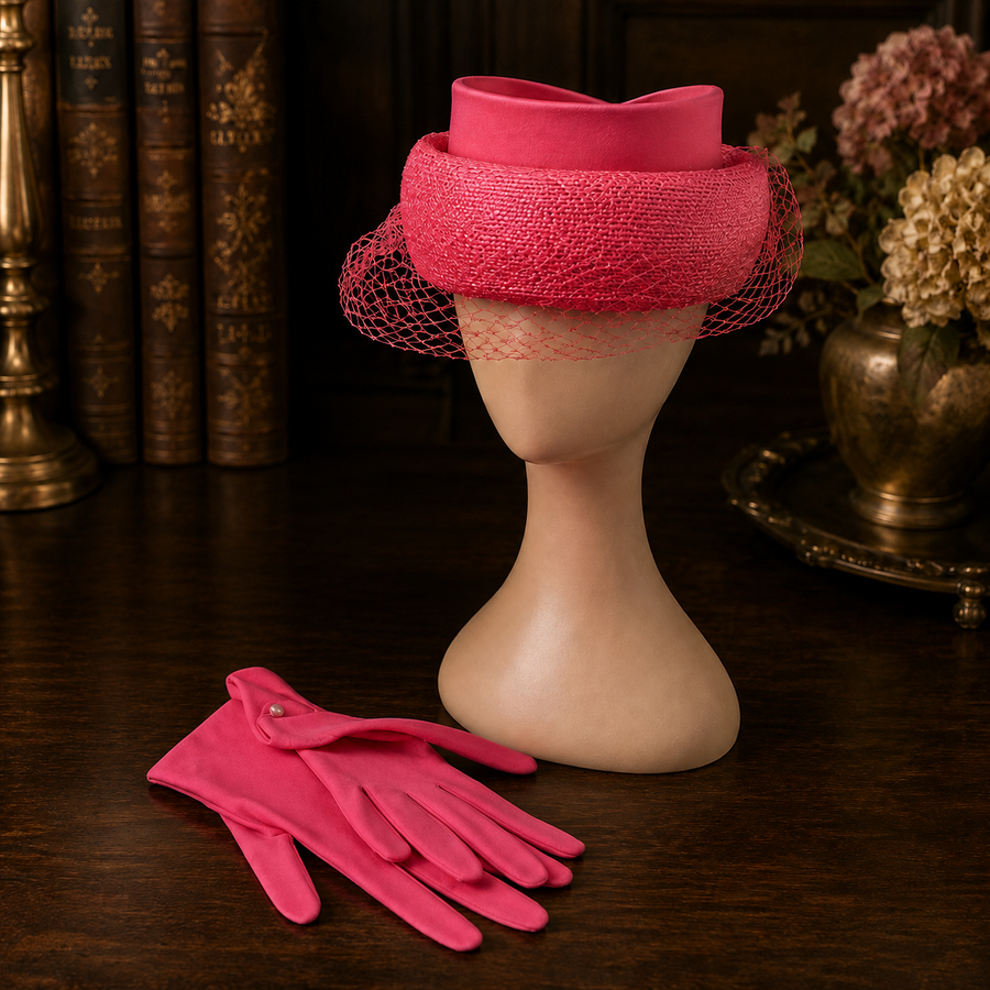 1960s Linda Ferrell New York Pink Straw Hat and Glove Set | Occasion Hat with Veil Detail