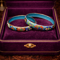 Vintage Cloisonne Enamel Bangle Bracelet Set of 2 in Blue and Black with Floral Motif, Glossy Finish, Curated Estate Stack Style