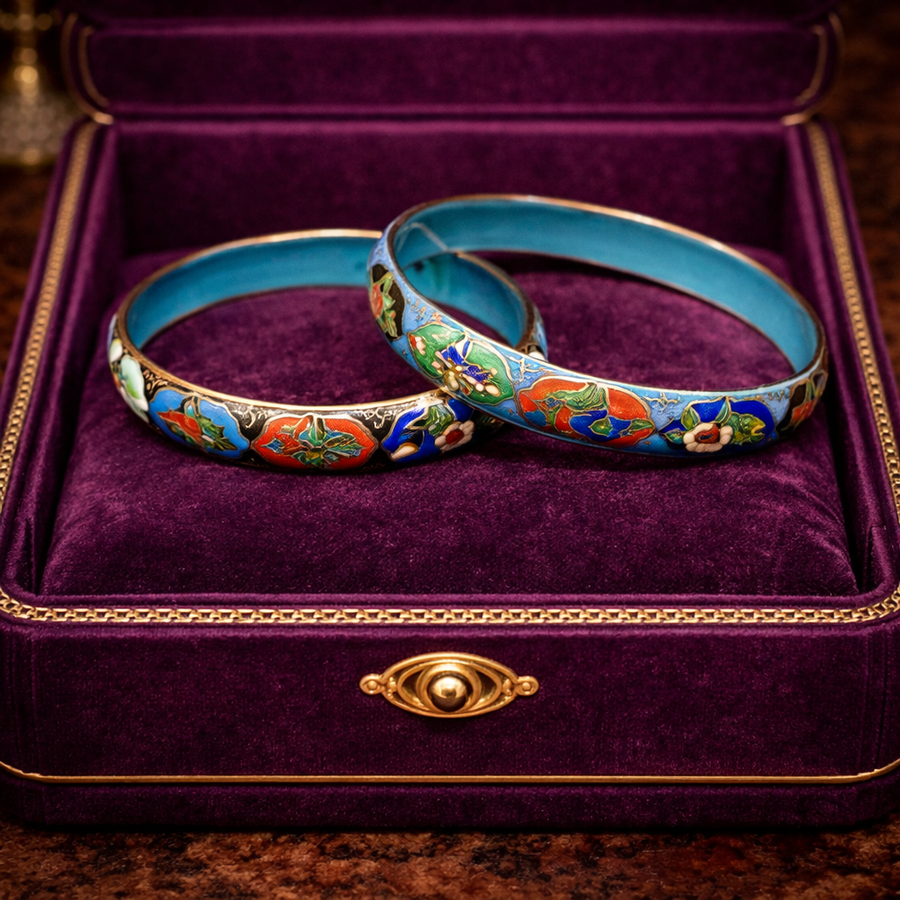 Cloisonne Enamel Bangle Bracelet Set of 2 in Blue and Black with Floral Motif, Glossy Finish, Curated Estate Stack Style