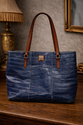 Dooney & Bourke Blue Croc Embossed Leather Tote Bag | Red Lined Designer Shoulder Carryall