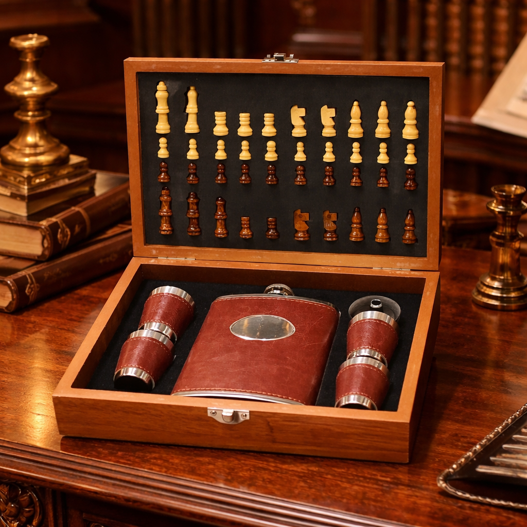 Wooden chess and hip flask gift set with leather-wrapped flask and shot cups in case