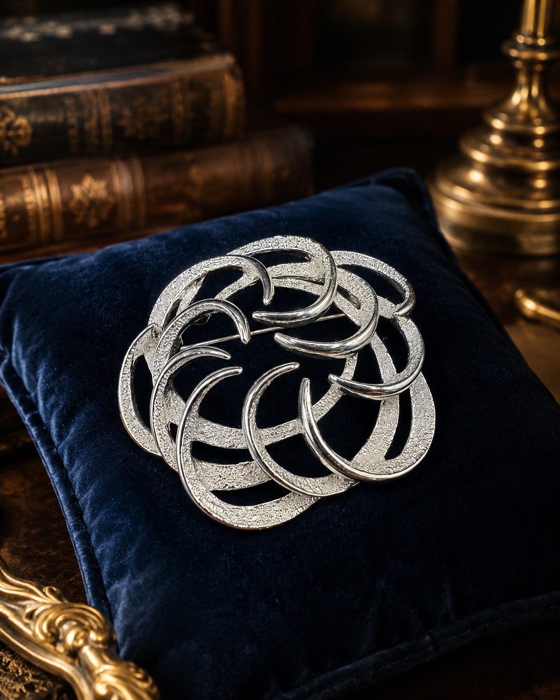 Signed Sarah Coventry silver-tone abstract openwork loop brooch