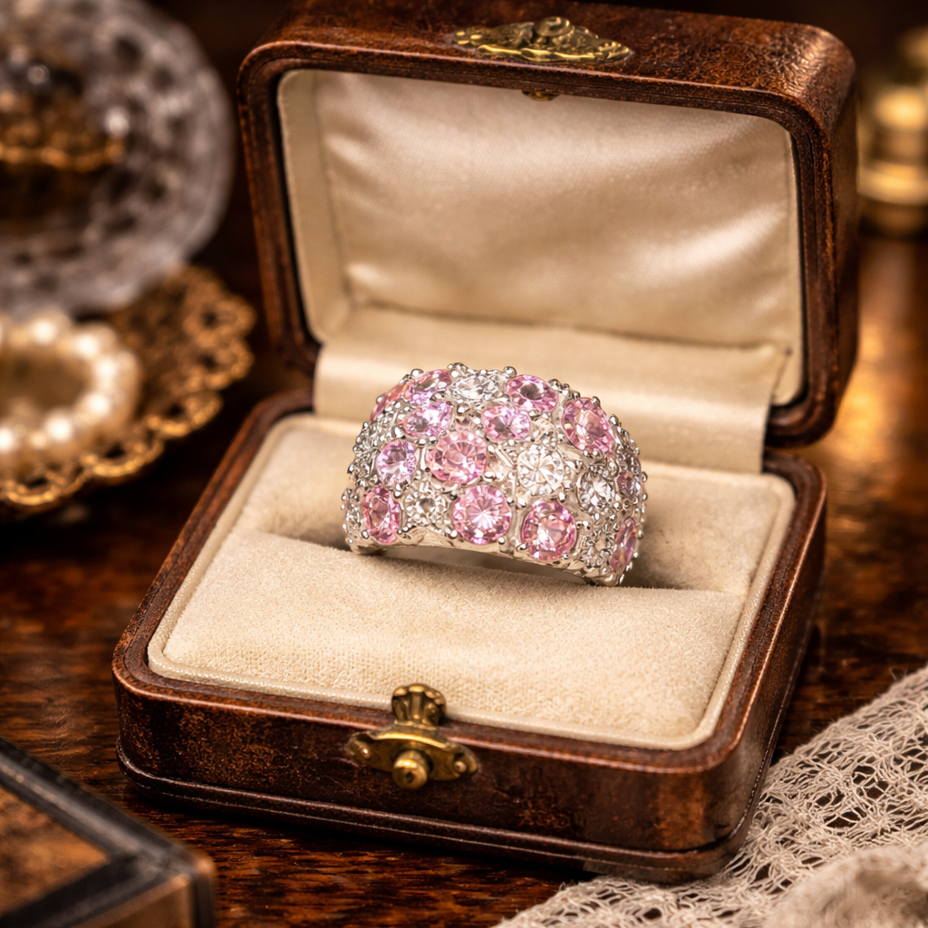 Sterling Silver Pink & White CZ Star Cluster Dome Ring | Pavé Statement Cocktail Ring
