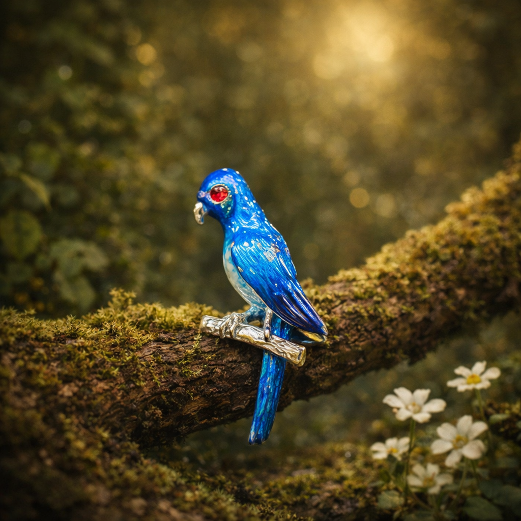 Gold-tone parrot brooch with blue enamel perched on a branch with long tail