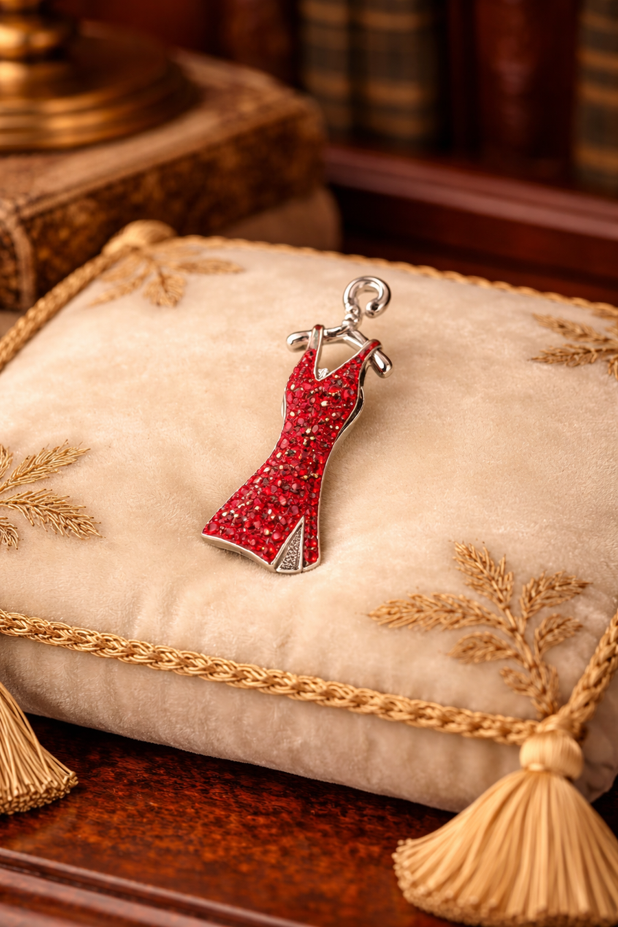 Silver-tone dress-shaped brooch set with red rhinestones