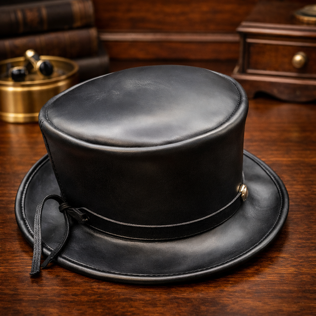 Black Faux Leather Flat Top Hat | Button Band Detail Structured Fashion Hat