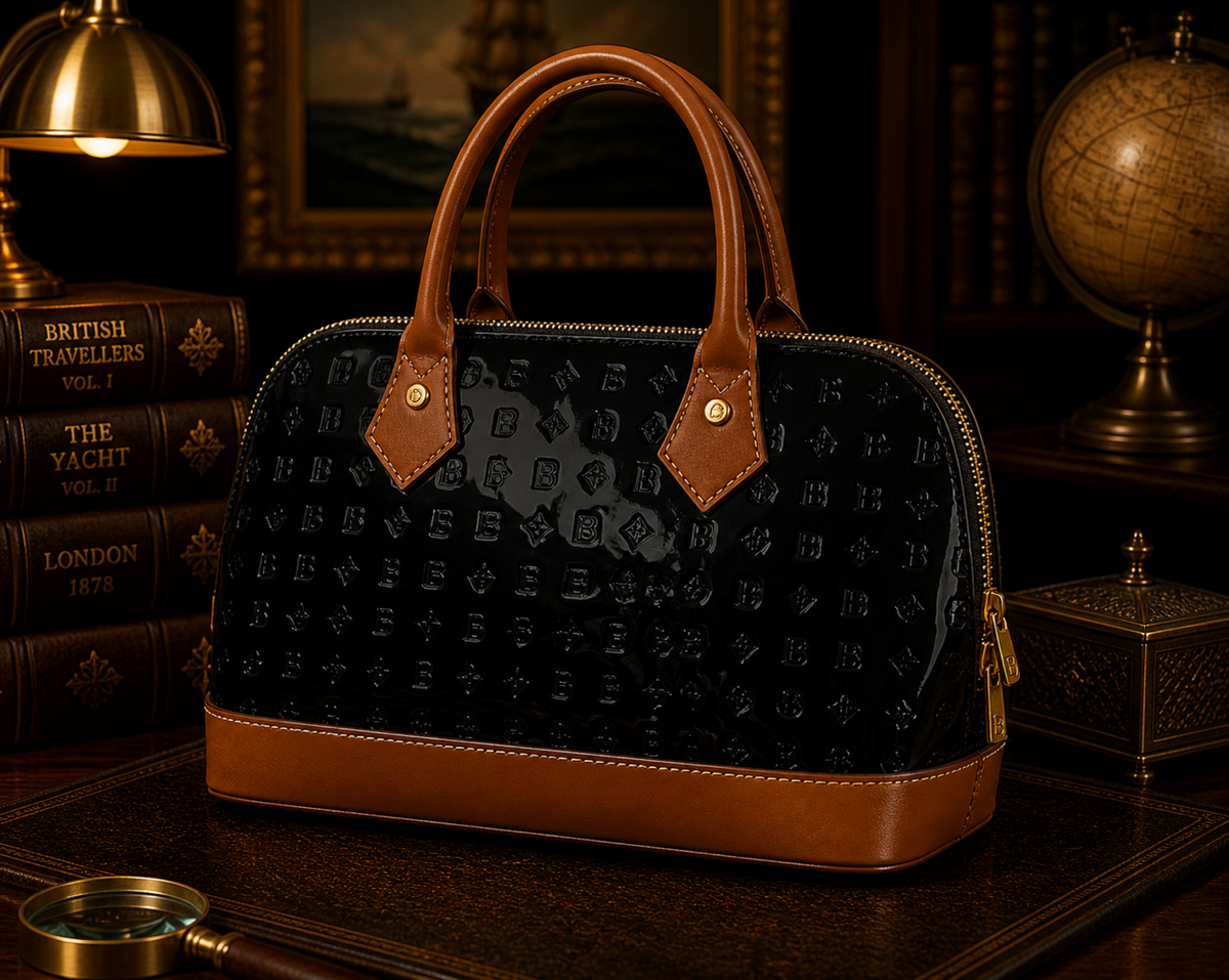 Dark green patent leather dome satchel with embossed pattern and brown leather trim
