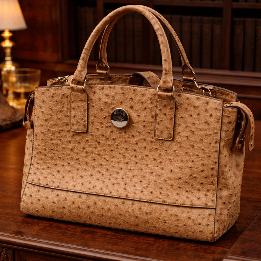 Tan ostrich-embossed faux leather structured satchel with top handle and turn-lock flap