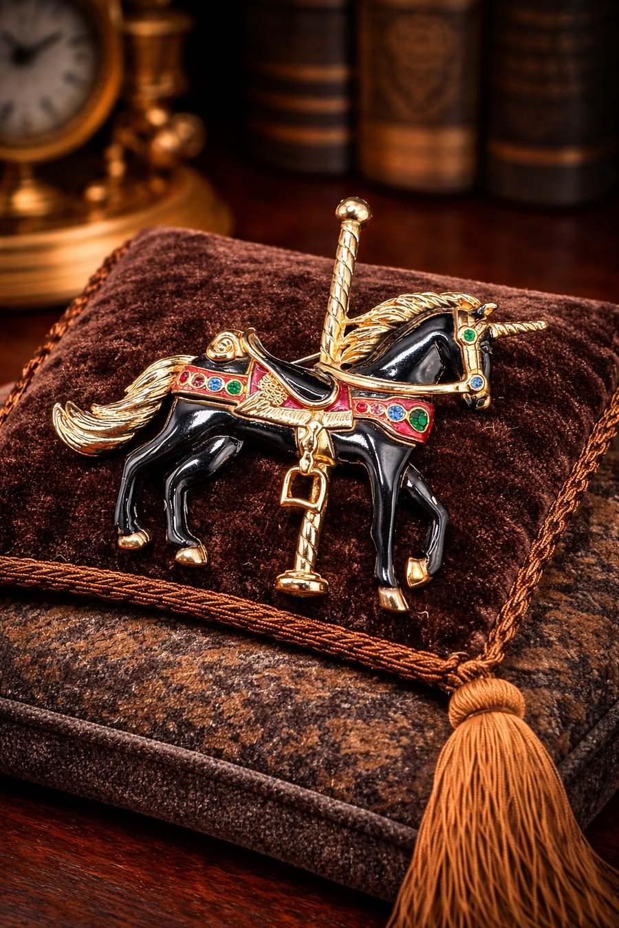 Black enamel carousel horse brooch with red enamel saddle and multicolor rhinestones