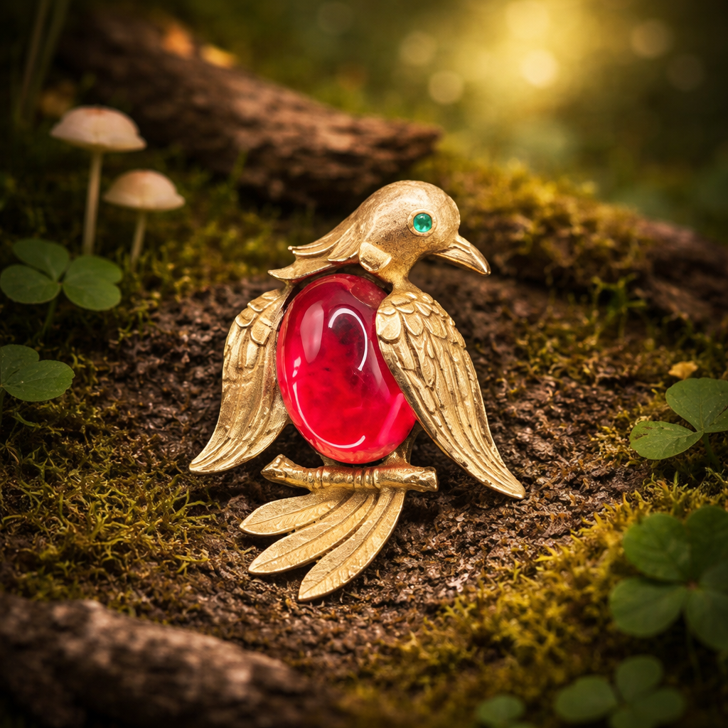 Signed JJ gold-tone bird brooch with translucent red belly and green eye