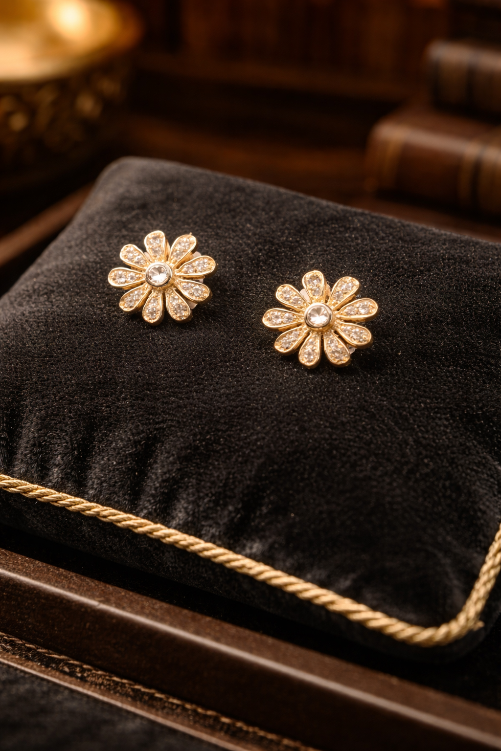 Petite gold-tone flower stud earrings with clear crystal petals and larger center crystal