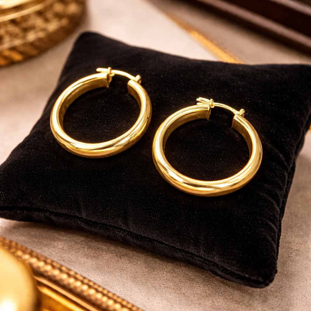 Polished gold-tone tubular hoop earrings with hinged closure