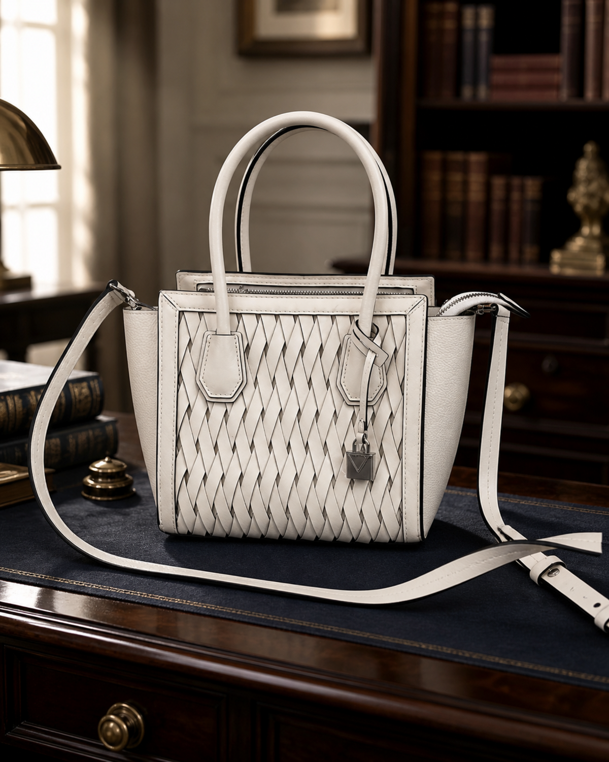 Michael Kors white pebbled leather satchel with lattice weave front panel and MK charm