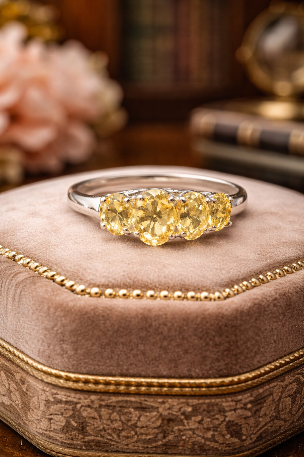 D’JOY 925 Sterling Silver Citrine Ring Five Stone Yellow Gem Band Size 10.25 US