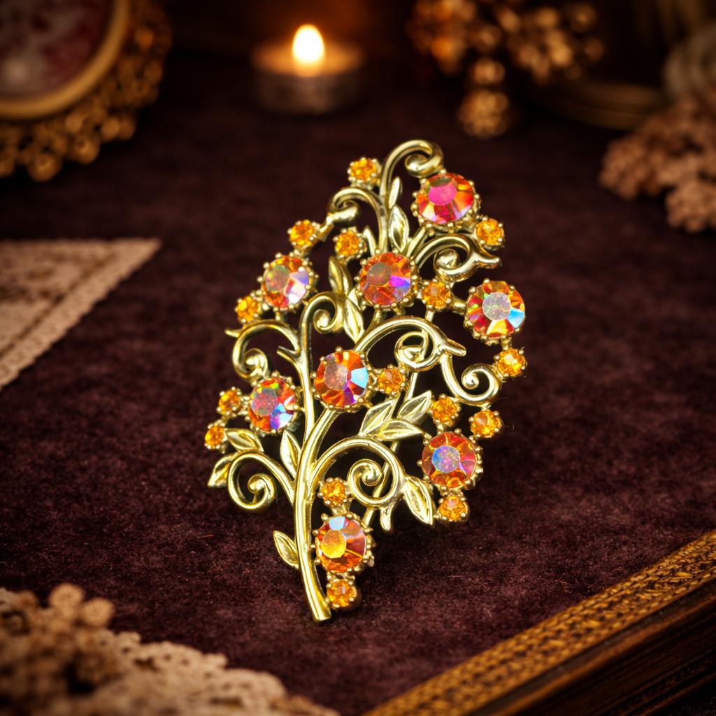 Gold Tone Aurora Borealis Rhinestone Floral Spray Brooch Filigree Scroll Pin Multicolor Crystals